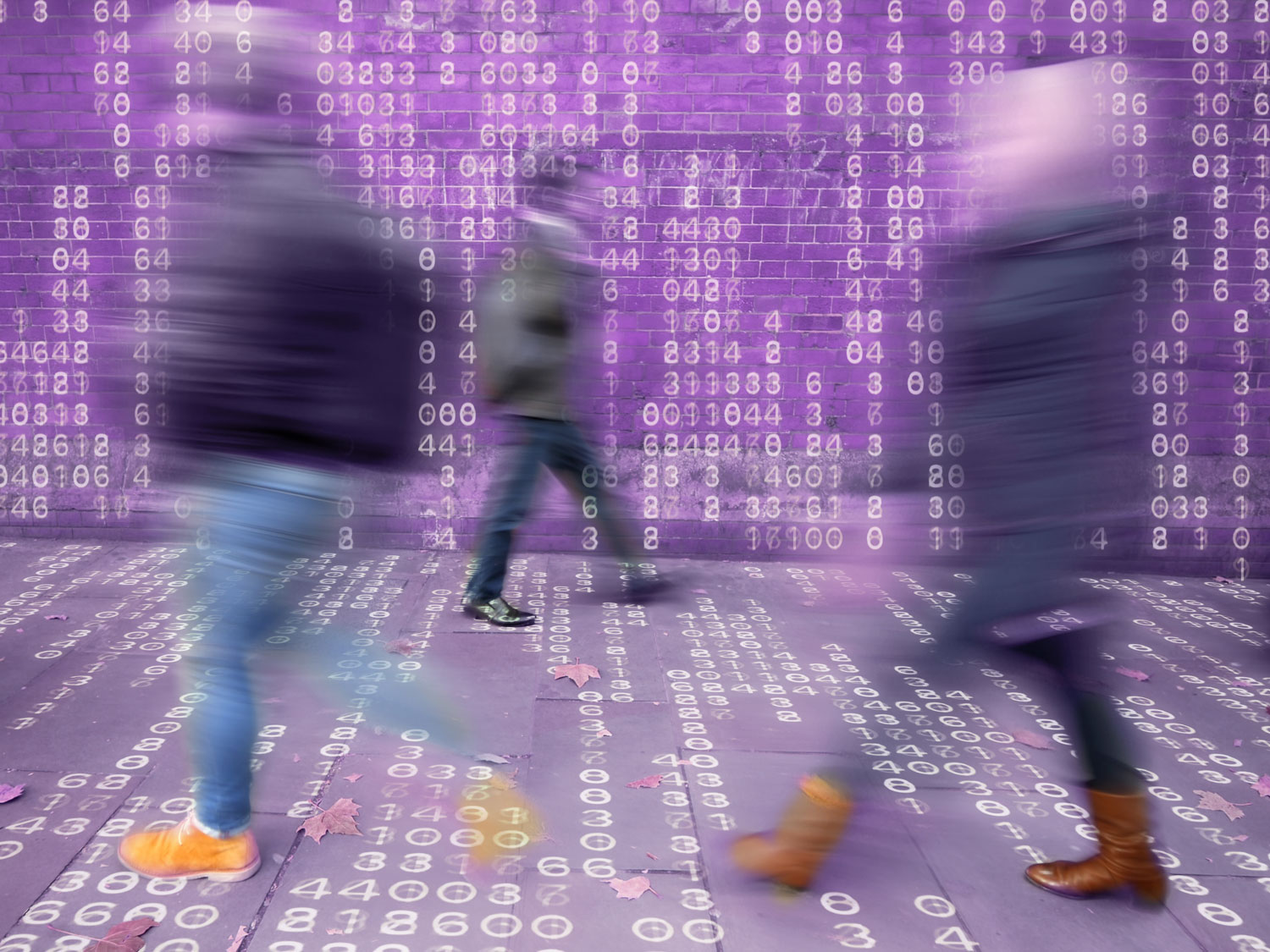Motion blurred shot of people walking through city street with programming code in background