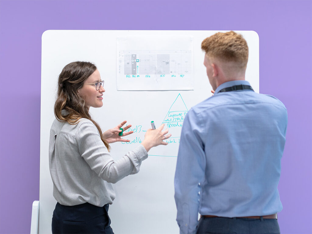 Two people working at a whiteboard